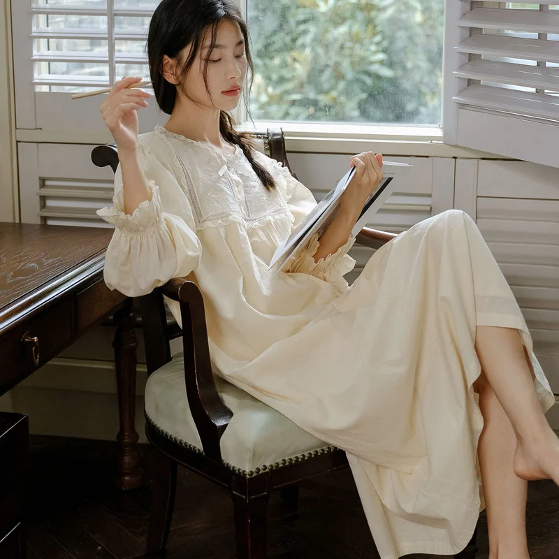 

Винтажная ночная сорочка в викторианском стиле из хлопка с вышивкой, в дворцовом стиле, для женщин, милая весенне-осенняя одежда для сна