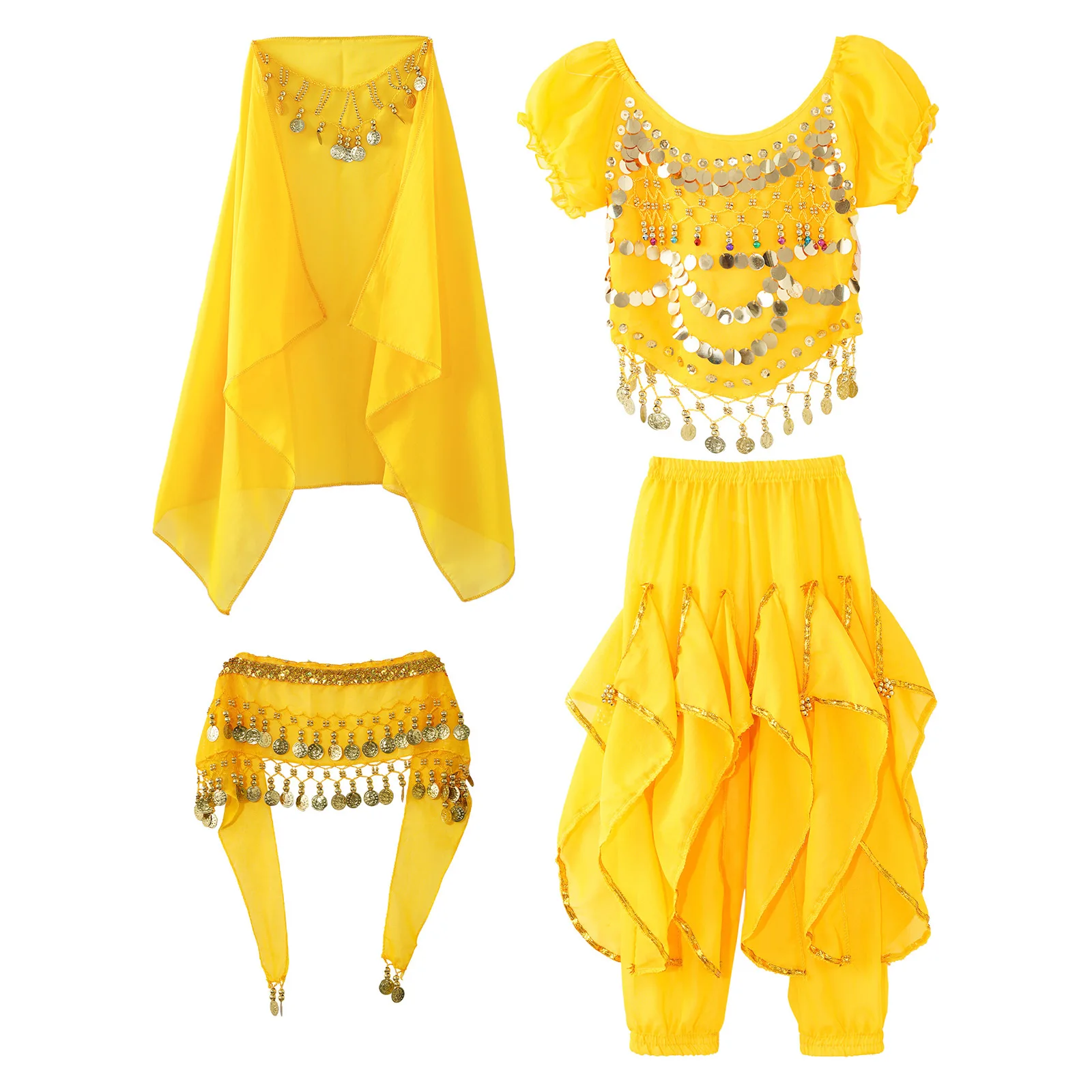 

Kids Girls Indian Belly Dance Performance Outfit Costumes Lace-up Back Puff Sleeve Crop Top Ruffled Pants Hip Scarf Headscarf