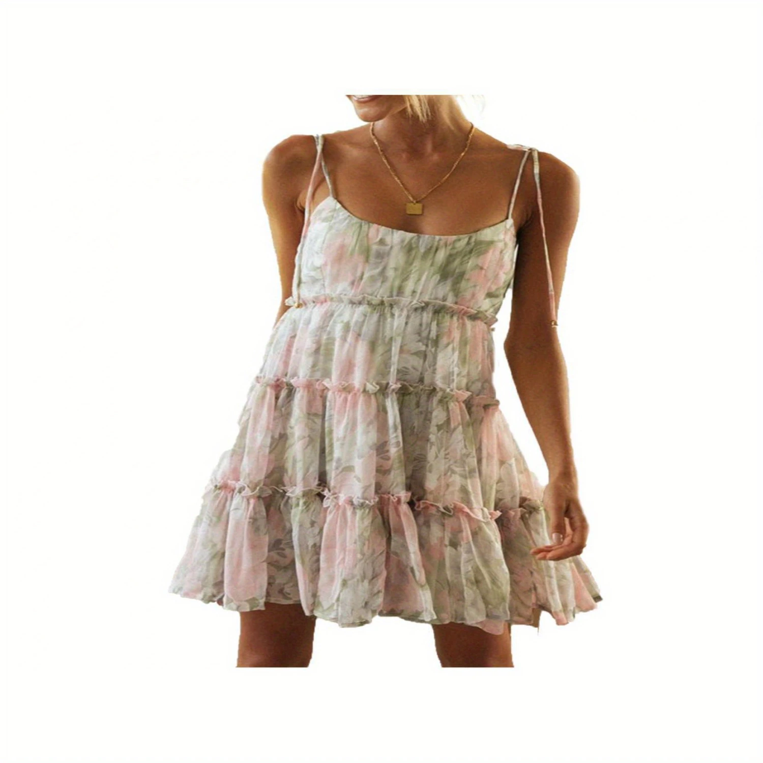 Floral Print Tied Strap Cami Dress with Ruffle Hem - Women's Summer Flowy Dress