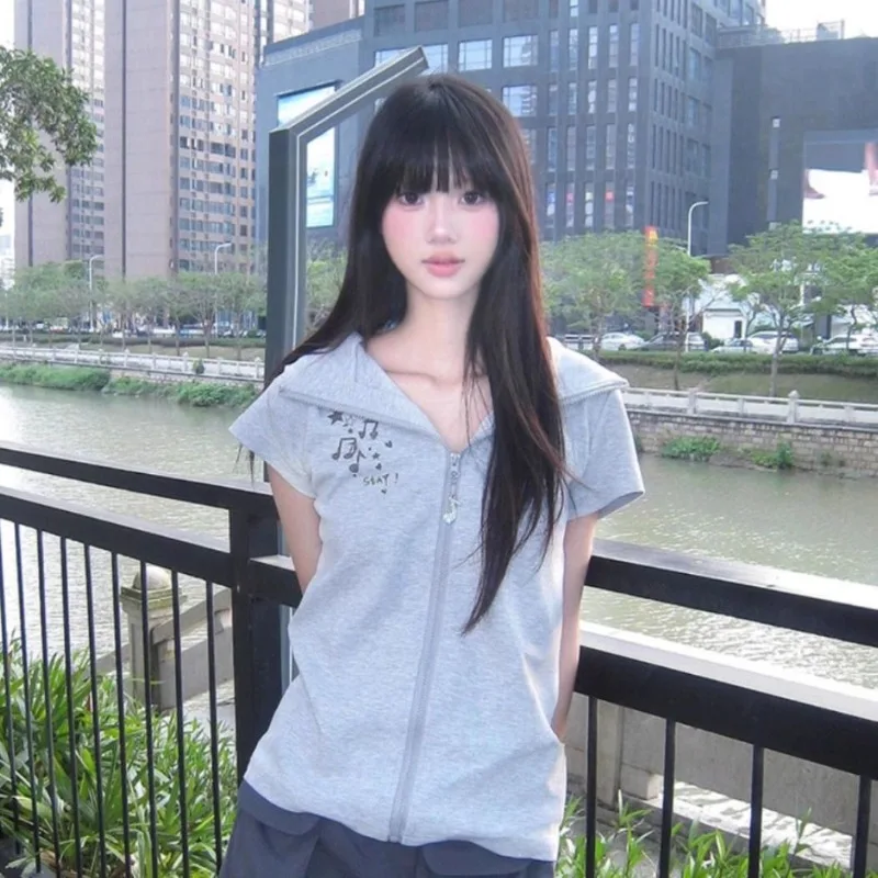 

New Fashion Short Sleeve Zip Up Sweatshirts Y2k Aesthetic Japanese Seet Popular Simple Commuter Cardigan High Street Clothes