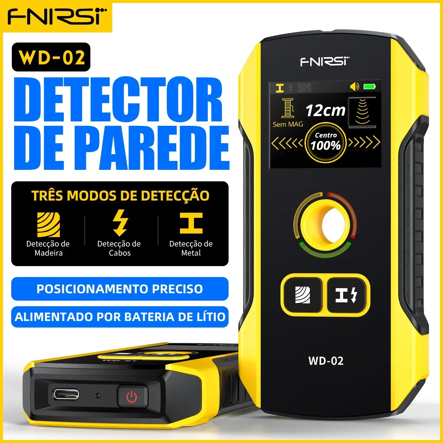 

FNIRSI WD-02 Versão em português Detetor parede Localizador vigas Cabos CA com carga Vigas metal Vigas de madeira