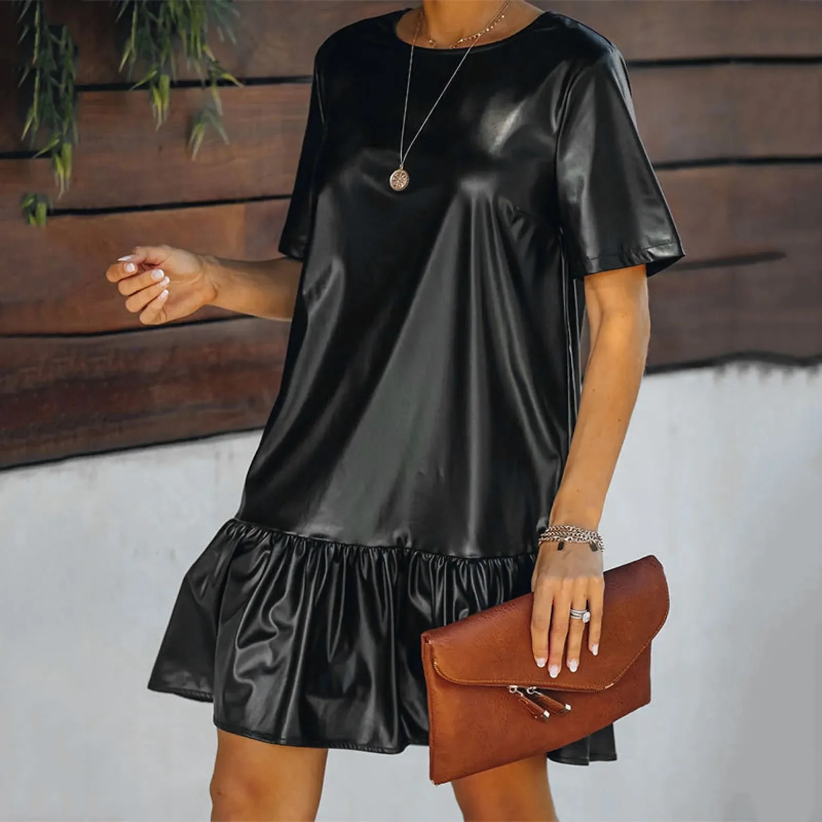 

Women's Black Faux PU Leather Dress Short Sleeve Loose Ruffle Elegant Mini Dresses Fashion Office Lady Clothing Vestidos 2024