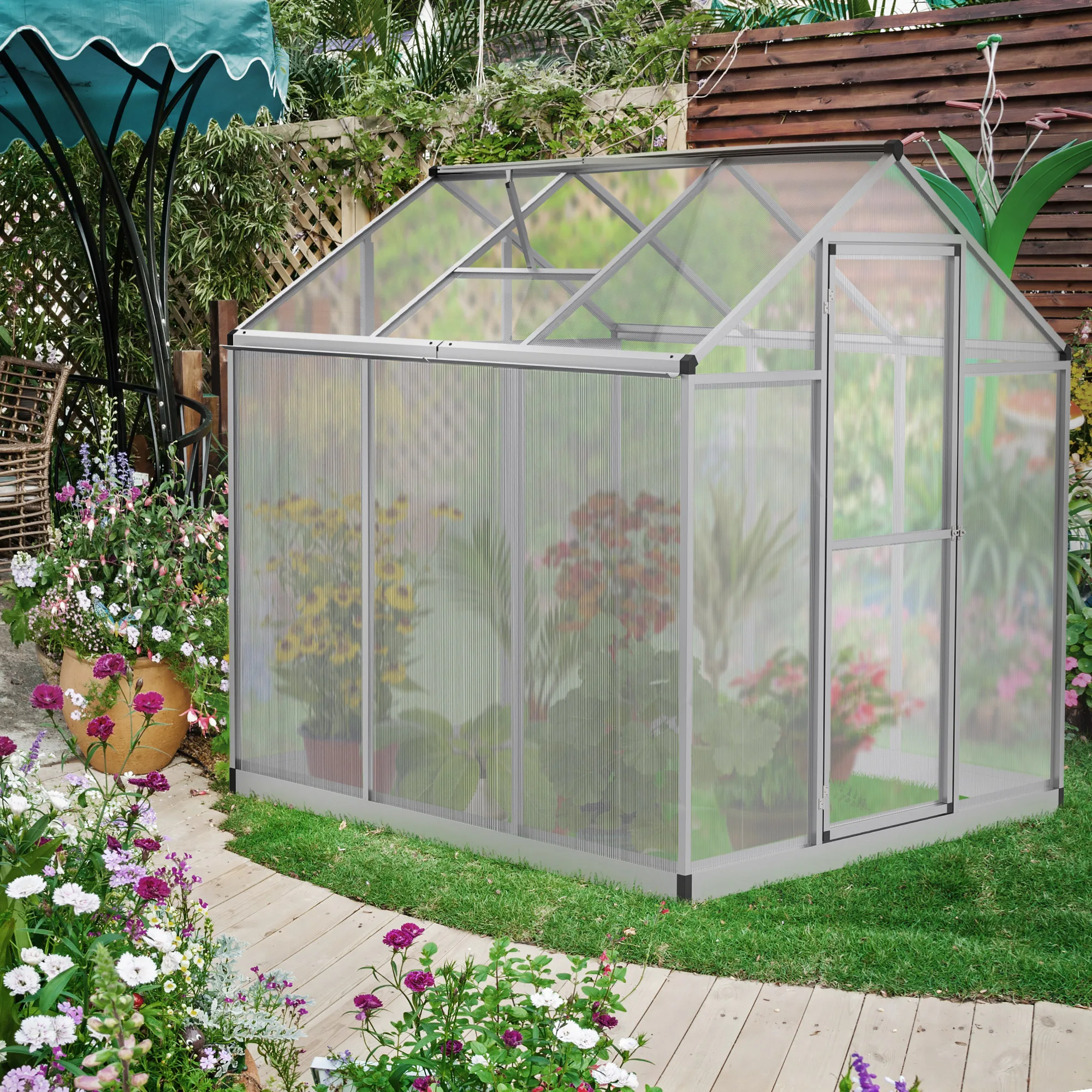 

6' L X 6' W Walk-In Polycarbonate Greenhouse with Roof Vent for Ventilation & Rain Gutter for Winter