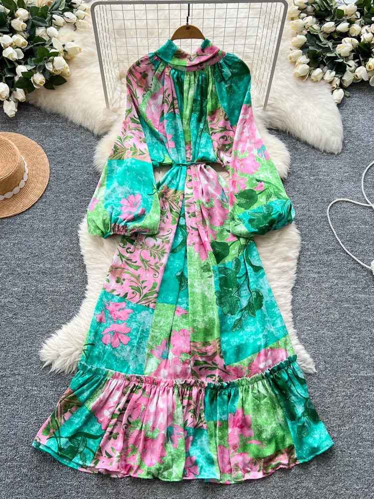 Damski letni sukienka z kwiatowym nadrukiem, bufiaste rękawy, podkreślona talia, siateczkowy design, luksusowa długa sukienka w kształcie litery A, koreański styl.