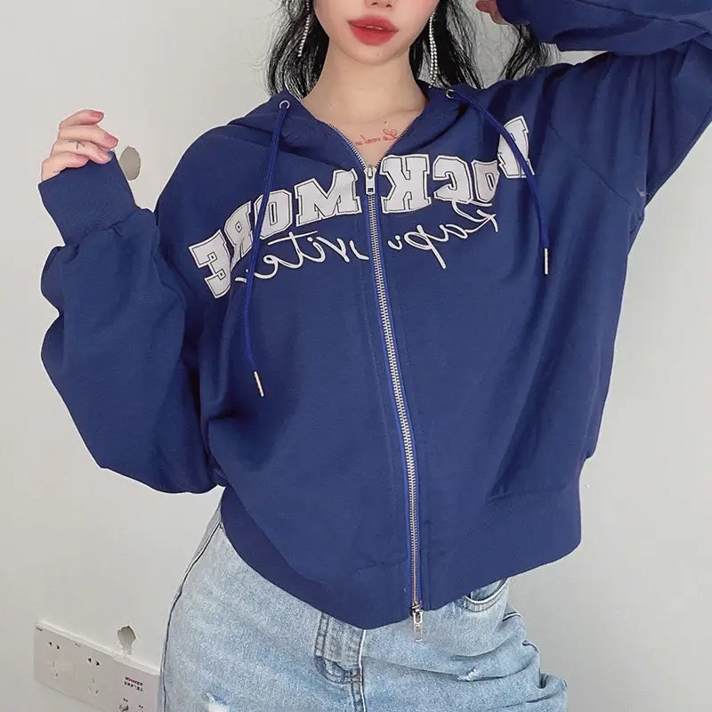 Jacket Letter Print Double Zipper Design Klein Blue Hooded Sweatshirt Women'S Loose Slim Casual Jacket Trendy