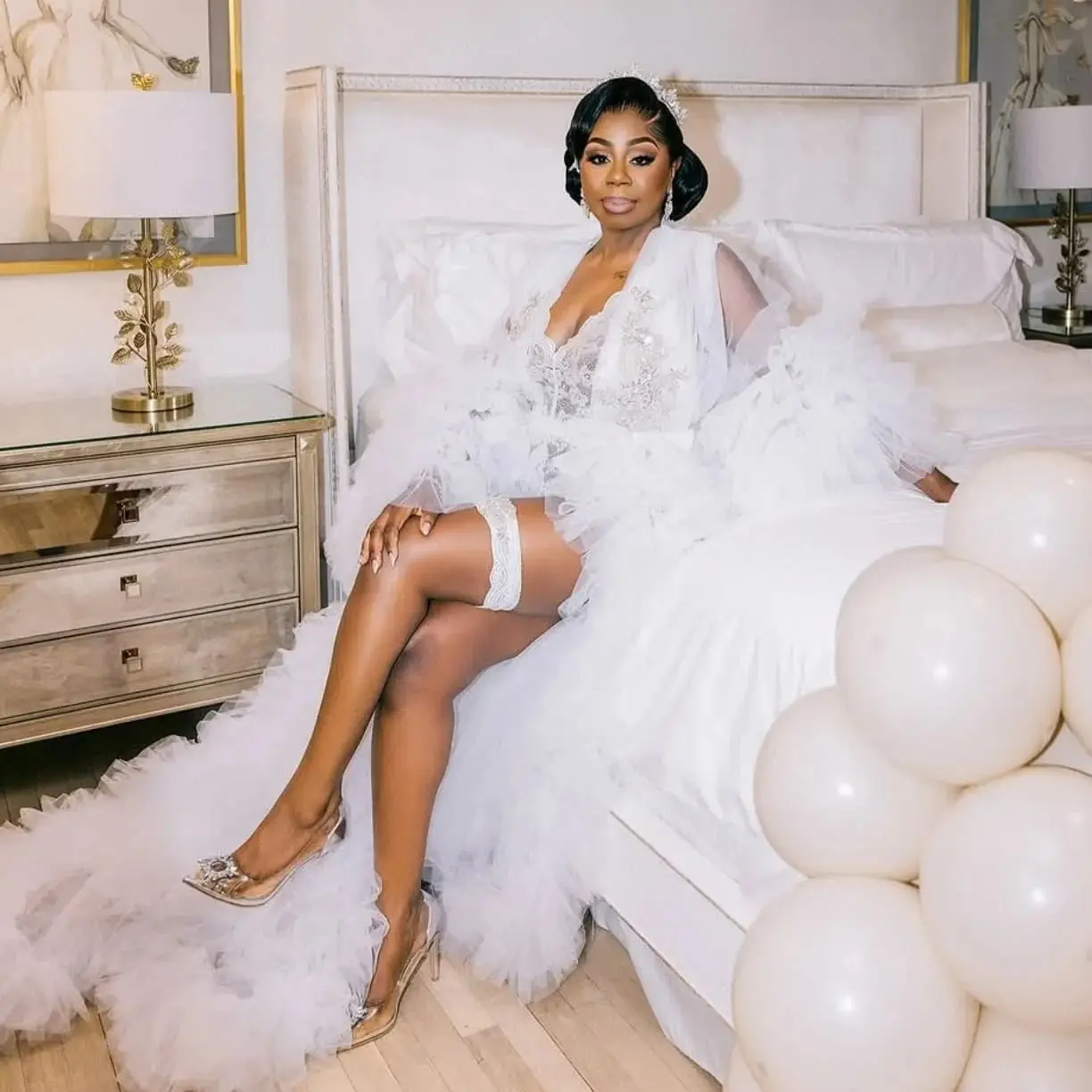 

Elegant White Wedding Robe Customized Maxi Tulle Crystal Bride Bathrobe Lingerie Women Gowns Pajamas Long Sleeve Dress