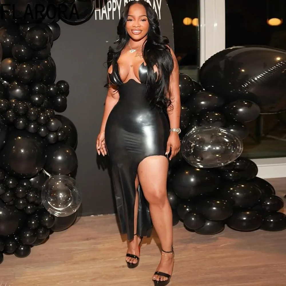 

FLARORA Sexy Pu Strap Halloween Dress Woman Irregular Low Chest Backless Peach Hip Hipster Dresses Hottie Slim Party Clubwear