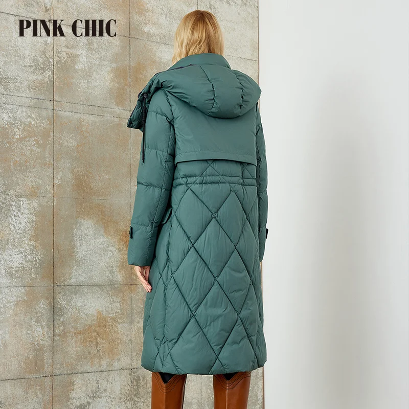 PINK CHIC 2023 New Winter Coat Women Down Jackets High Quality Rhombic Warm Lace up Hooded Long version Female Parka W6553