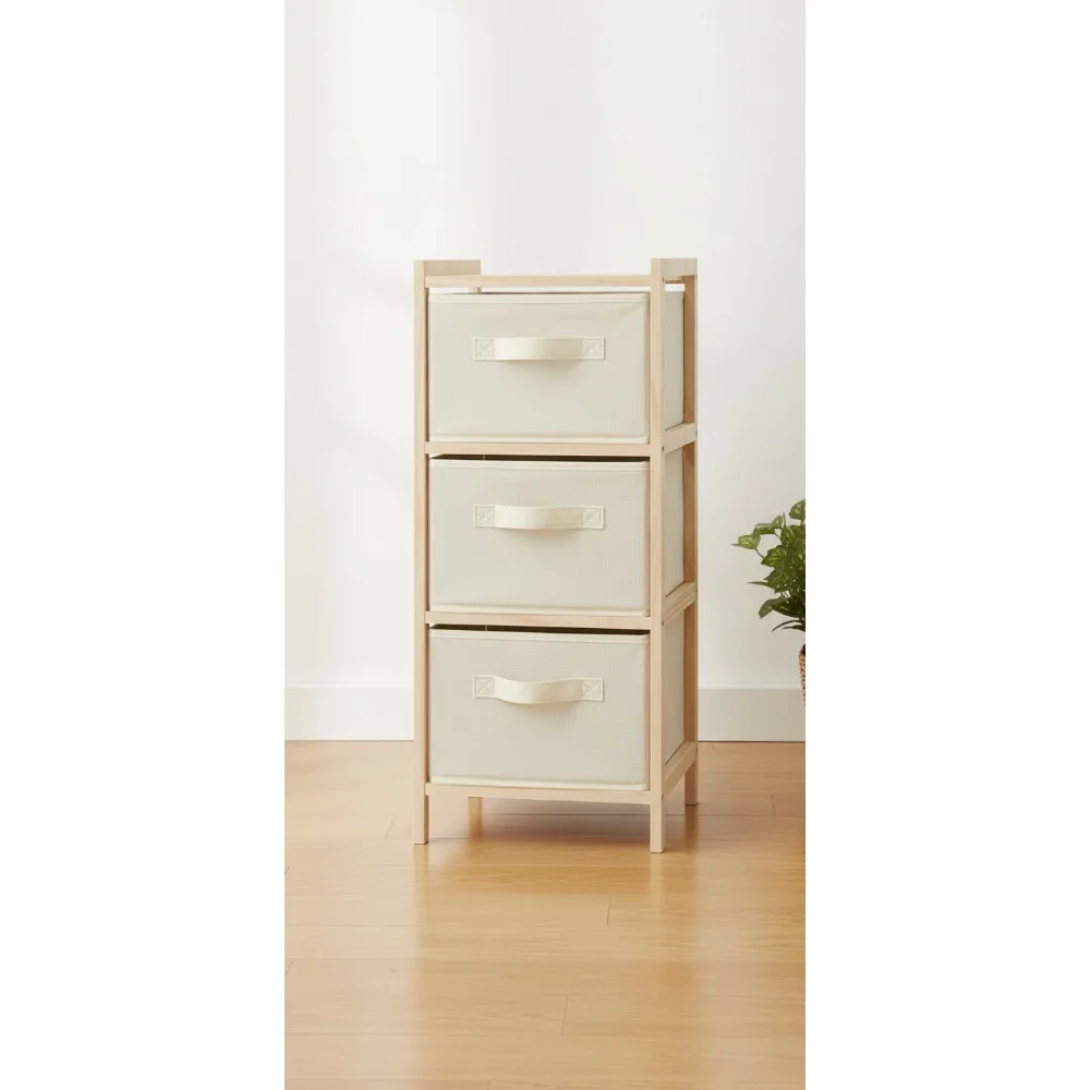

3 Drawer Wood Storage Chest with Fabric Bins, Natural Pine Organizer for Bedroom Closet Nursery, Easy Assembly Compact Design