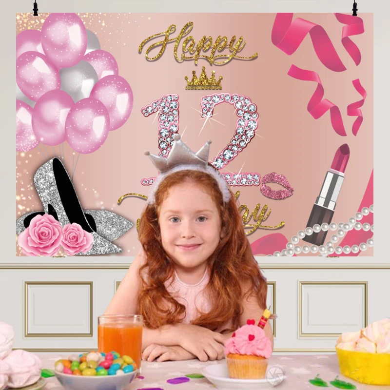 12th Party Banner Background Bat Mitzvah 12 Decorations Girl Twelve Years Old Birthday Glitter Diamond Balloons Photo Backdrop