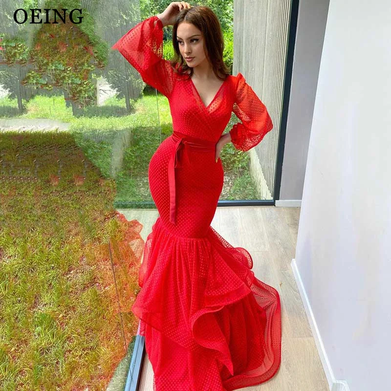 

OEING Red Mermaid Dubai Arabia Women Elegant Evening Dresses Strapless Glitter Top Tiered Tulle Skirt Modern Ruffles Prom Gowns