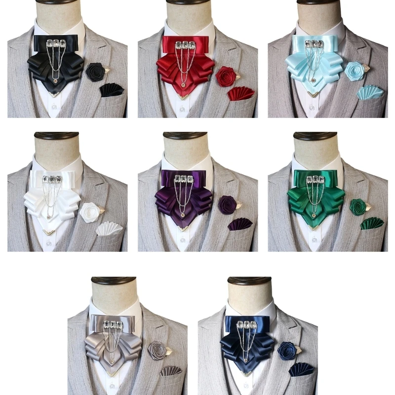 DXAE Dresswear Accent Set with Collar Tie, Matching Lapel Flower and Pocket Square for Wedding Stage and Host Styling