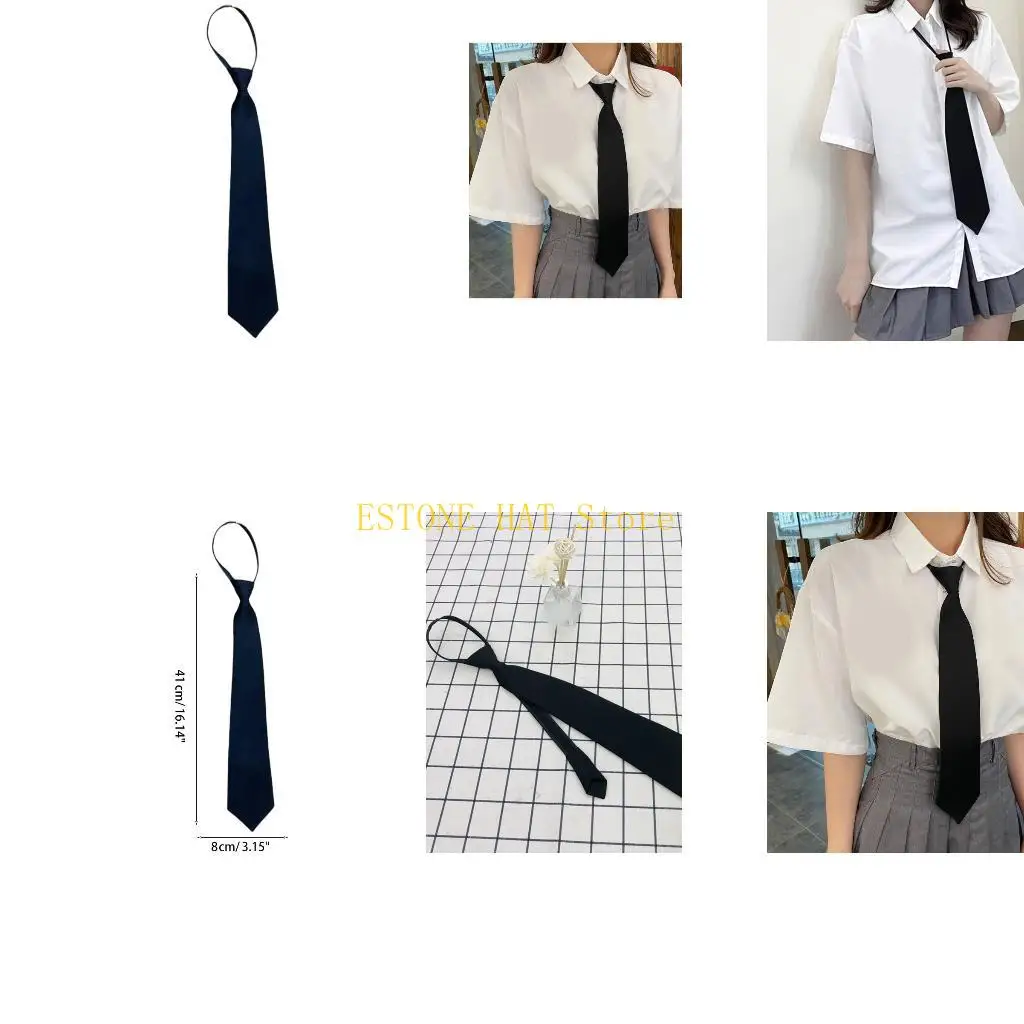 49MF Women Men Retro Color Silky Narrow Necktie Wedding Party Groom Preppy School Uniform Zipper Pre-Tied for
