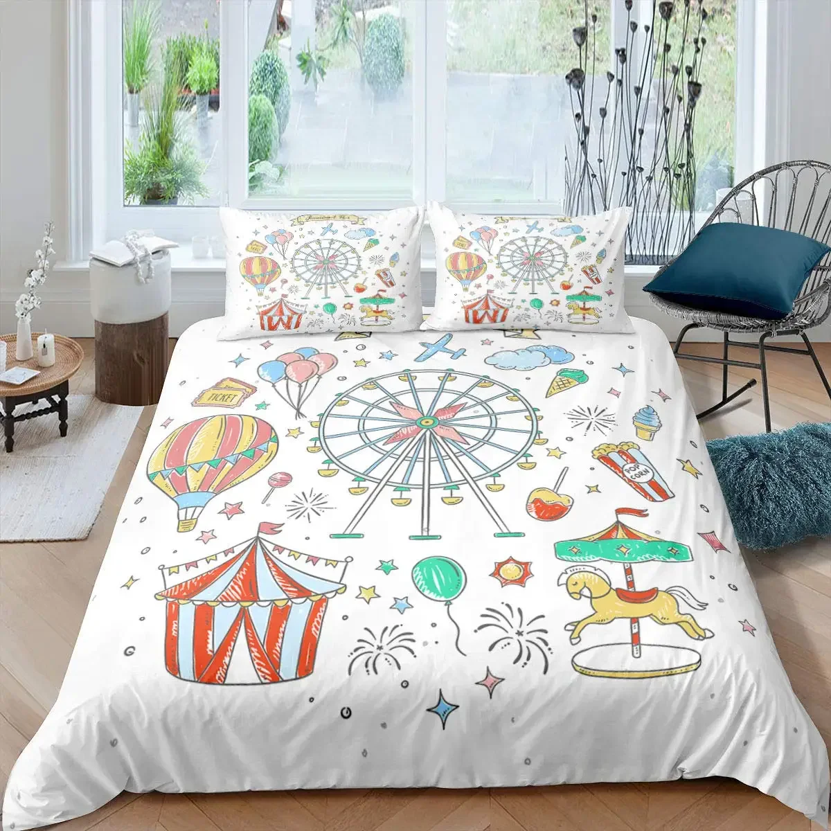 Ferris Wheel Bedding Set, Washable Quilt Cover for Kids Boys Girls, Breathable Decor 1 Duvet Cover with 2 Pillow Cases Full Size