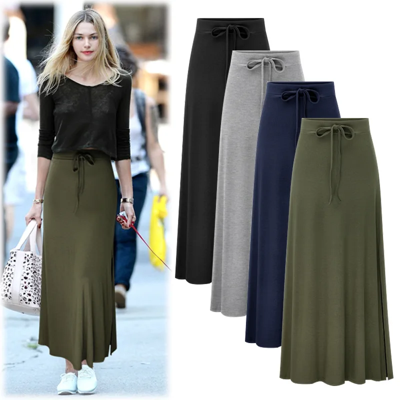 Plus Size Women's Fashion Knitted Midi Skirt A-line Elastic Slit Over Knee 200kg High Waist Long Skirt