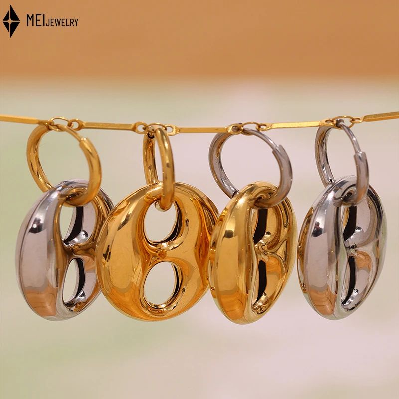 Geometric Coffee Bean Hollow Earrings Dual Tone Stainless Steel Jewelry Chunky Dangle Hoop Earrings Women ﻿