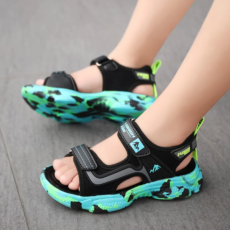 Kids Summer Sandals Boy Casual Shoes Soft Printed Flat Sandals Children Outdoor Riding Breathable Sandals Students' Hiking Shoes