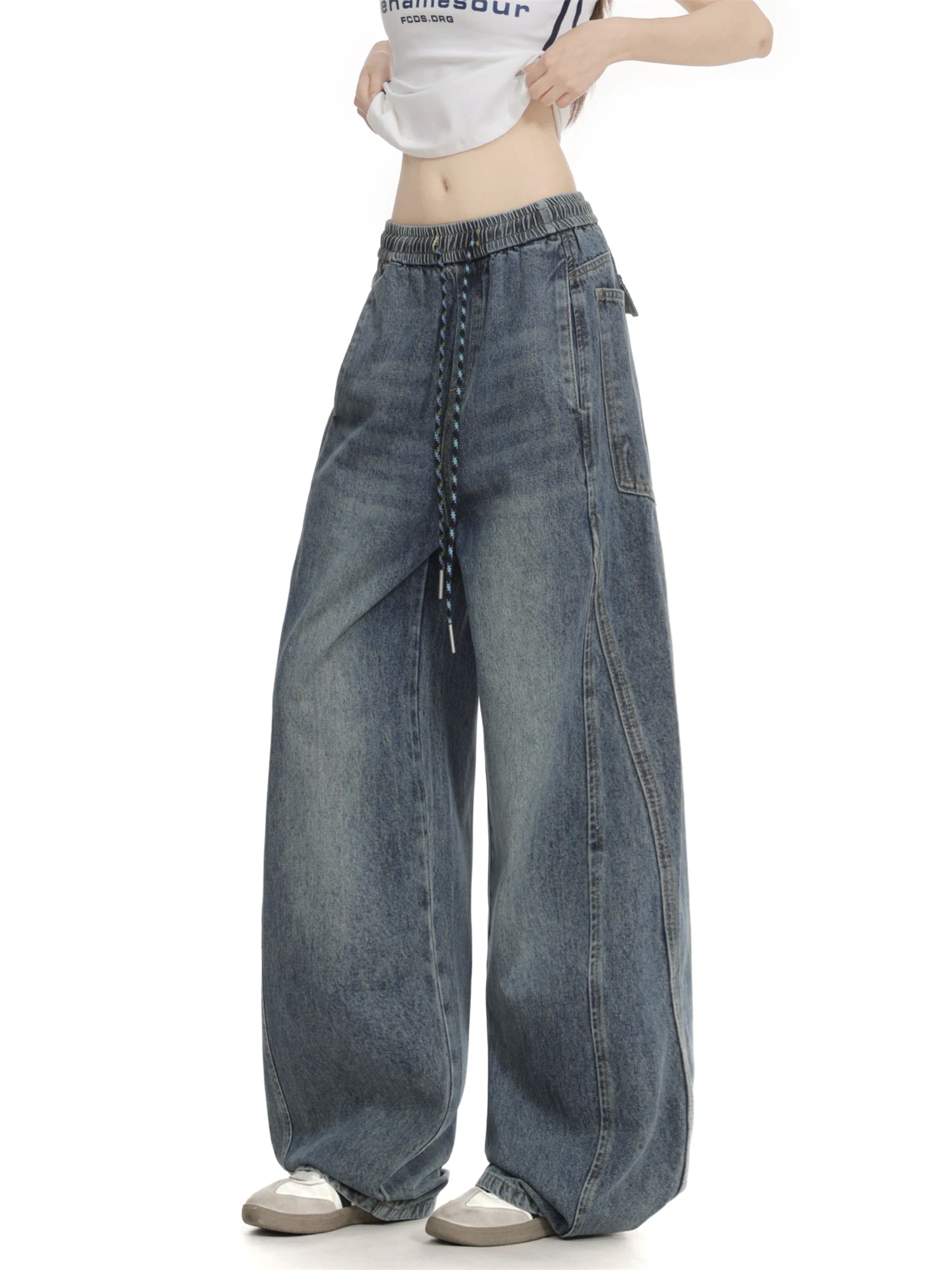 Женские уличные мешковатые джинсы Y2K, винтажные потертые джинсы с завязками на талии, брюки ide, повседневные модные брюки