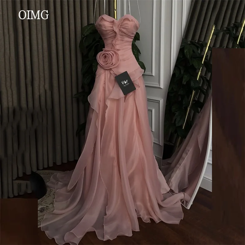

OIMG Graceful Sweetheart Neck Prom Gowns Chiffon 3D Flower Ruffled Party Gown Floor Length Evening Dress 2026 Customized