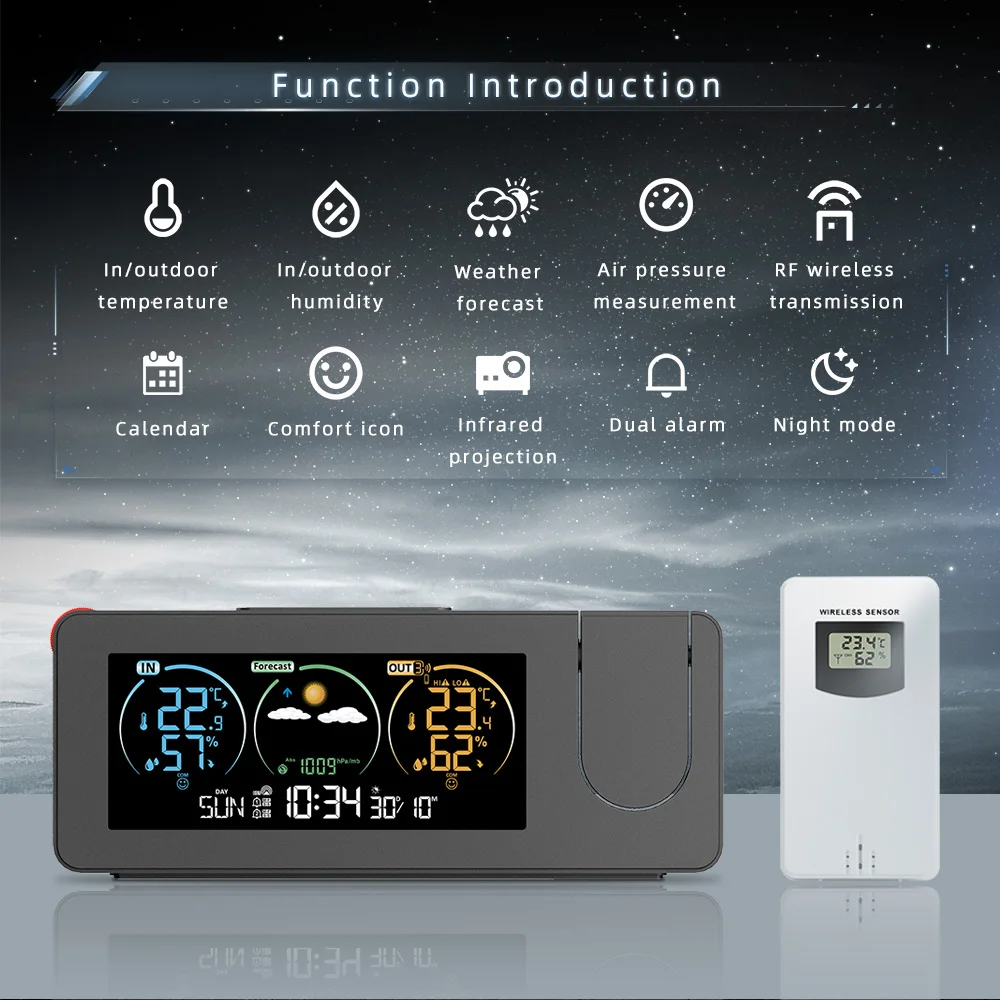 ZX3538 Electronic Projection Clock Digital Alarm Clock Weather Station Temperature and Humidity Display Color Screen