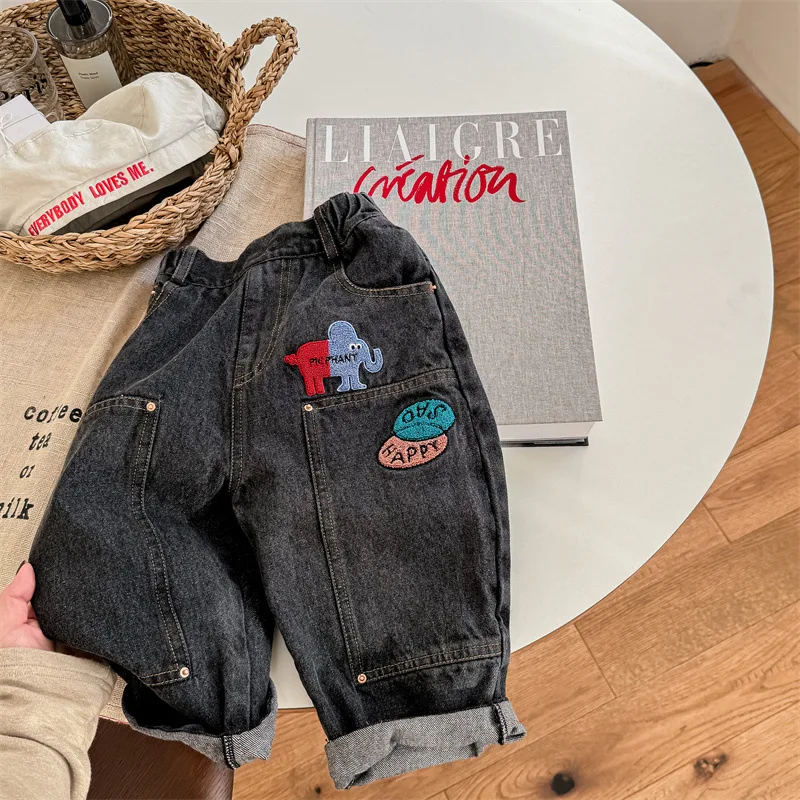 2024 Spring New Children Denim Trousers Baby Girl Cartoon Embroidery Casual Pants Toddler Boy Harem Pants Kids Versatile Jeans