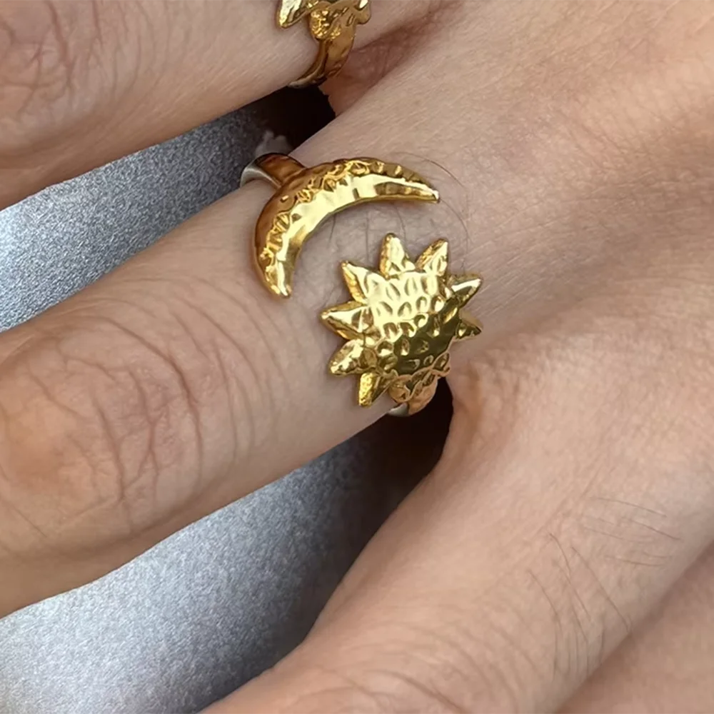 Gold Color Sun Moon Adjustable Open Ring for Women Hammered Texture Celestial Finger Rings Fashion Stainless Steel Jewelry Gift