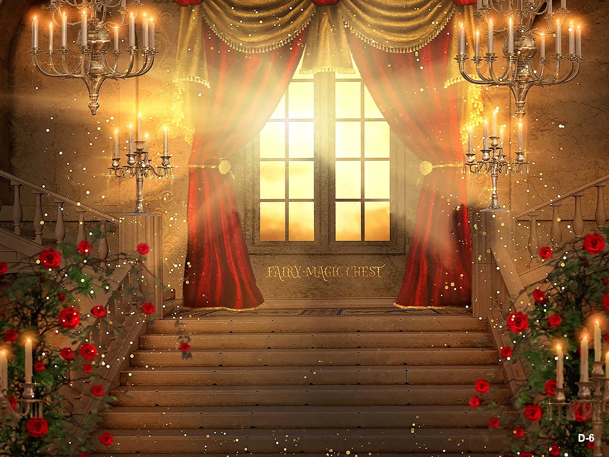 Beauty and The Beast Backdrop Palace Golden Chandelier Red Curtain Photo Background Princess Girl Baby Shower Birthday Party