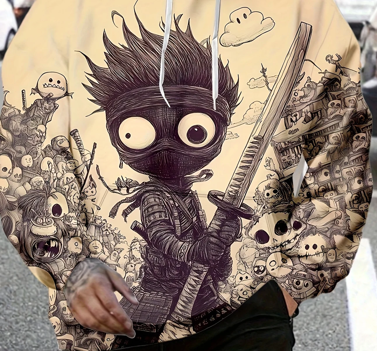 سويت شيرت بغطاء للرأس مطبوع عليه Streetwear Ninja Samurai للرجال، سترة متعددة الاستخدامات بأكمام طويلة لفصل الربيع/الخريف، كاجوال مريح