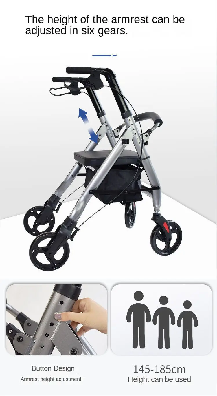 Folding 4 Wheels Trolley Walker For Elderly Disabled Anti Rollover Assist Walking Mobility Aid Can Push And Seat Walking Stick