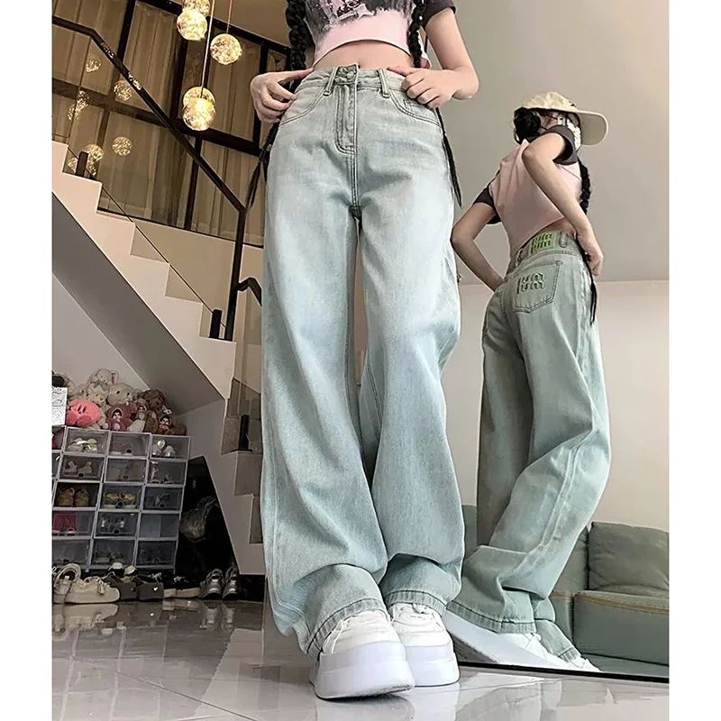 女性シックなグリーン刺繍ジーンズパンツ女性ルーズフィットデニムパンツ女の子ハイウエストストレートレッグジーンズズボン