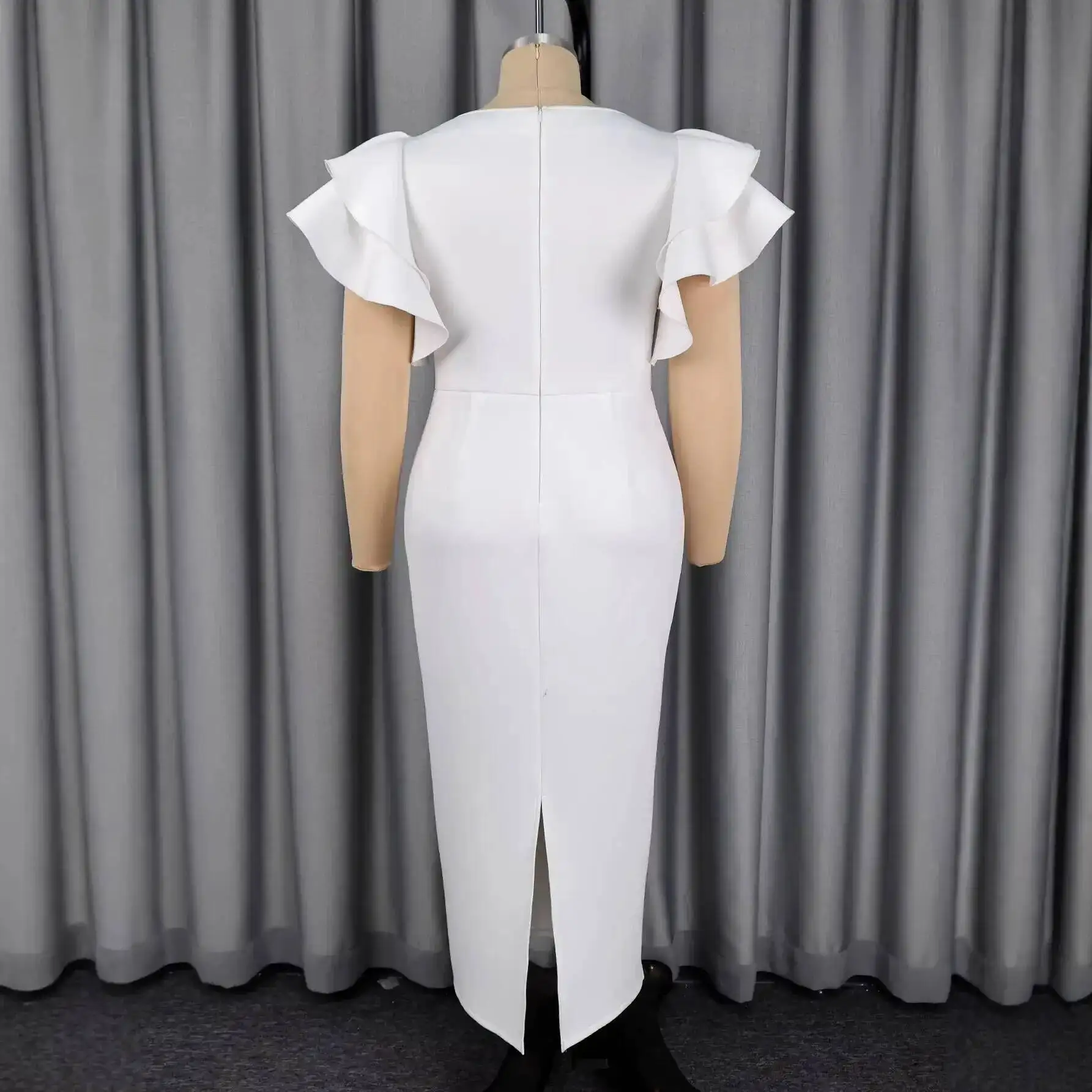 Vestido Blanco para Mujer, Talla Grande, con Mangas con Volantes, Corte Entallado, Largo Medio, Favorecedor de la Figura, Cintura Alta, con Apliques Y2K