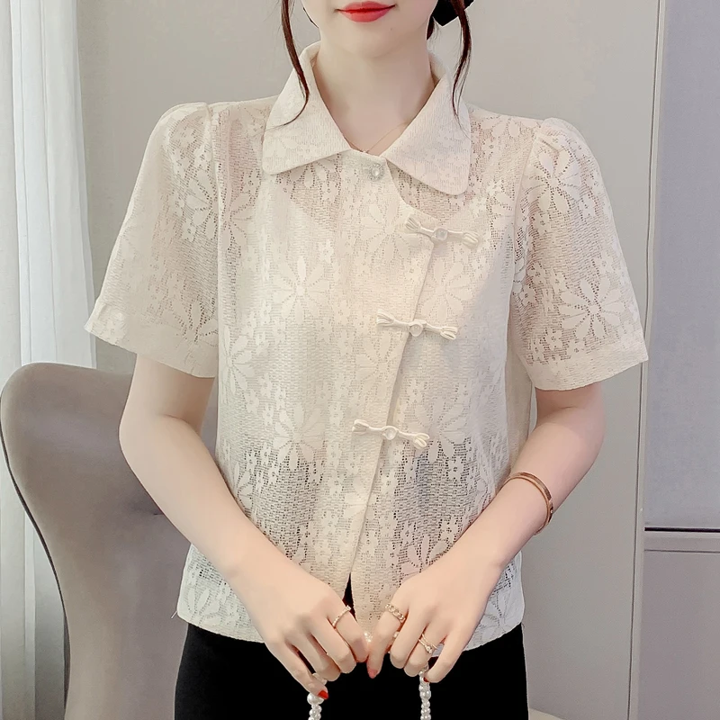 

Summer New Women Shirts Lace Chinese Style Vintage Floral Solid Lady Tops Peter Pan Collar Open Stitch Causal Female Blouses