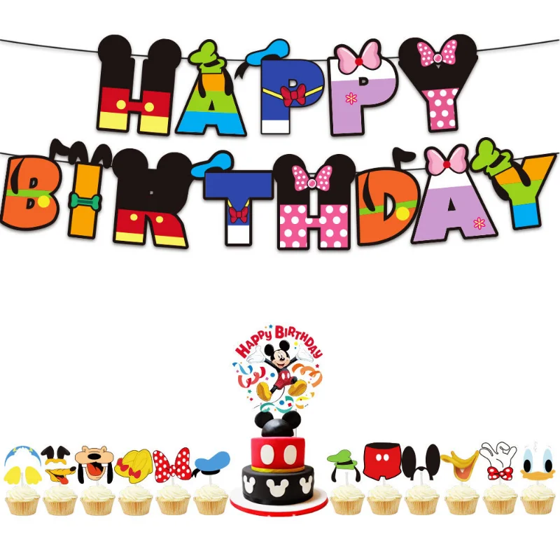 Disney Mickey Theme Party Decorations Party Balloon Happy Birthday Banner Cake Topper Kids Toys Large Parties Supplies Set Gift