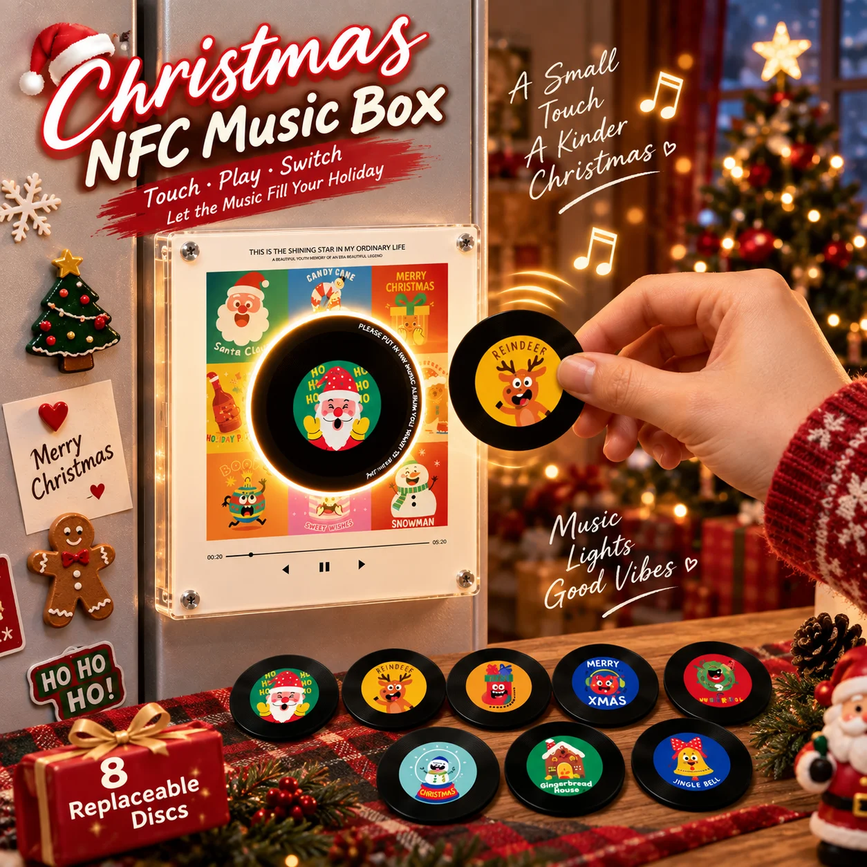 Christmas NFC Magnetic Vinyl Record Player Song Lamp 9 Replaceable Discs Touch Play Music Box LED Night Light Fridge Ornament