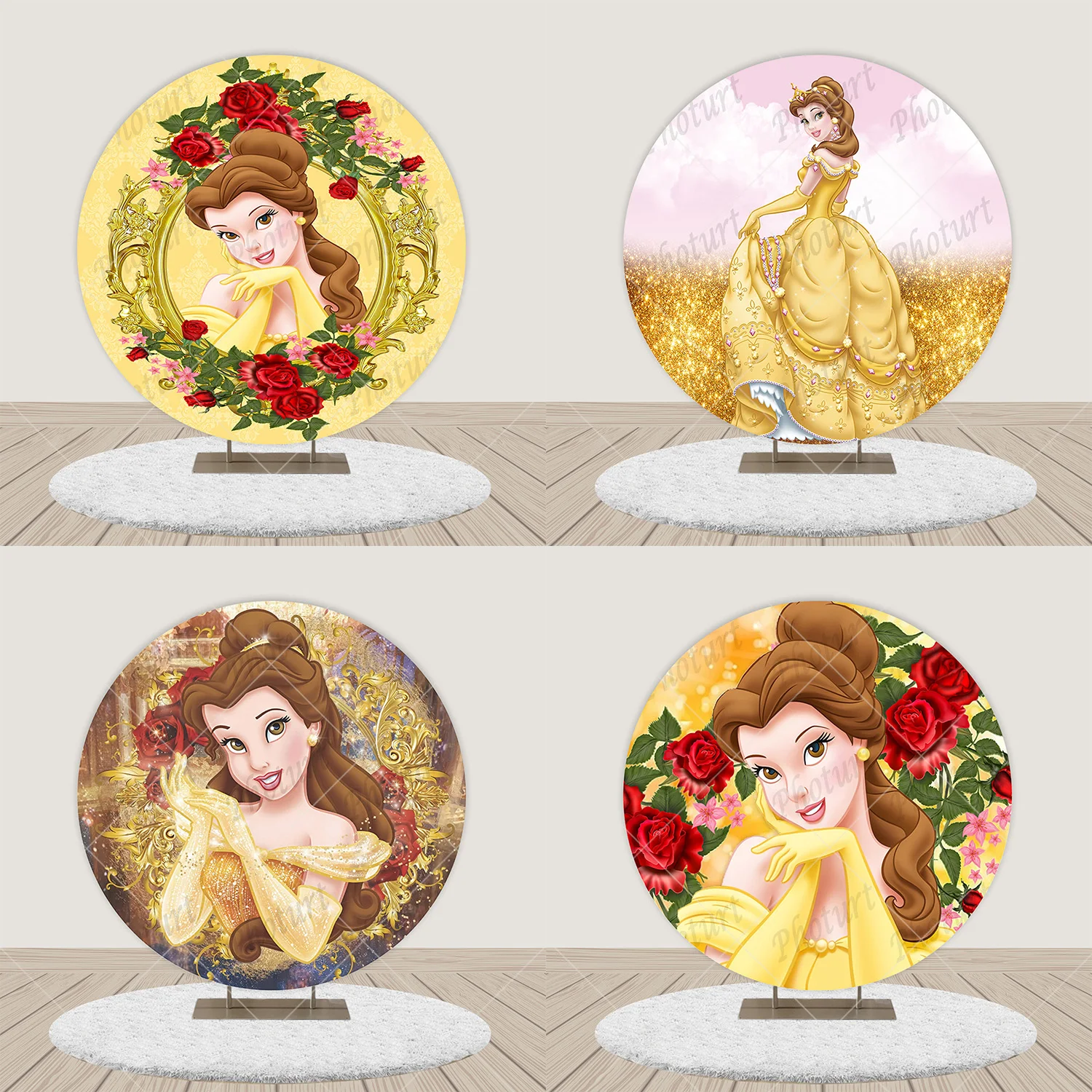 Round Beauty and the Beast Princess Belle Background Girl Birthday Party Backdrop Golden Circle Banner Photography Studios Props