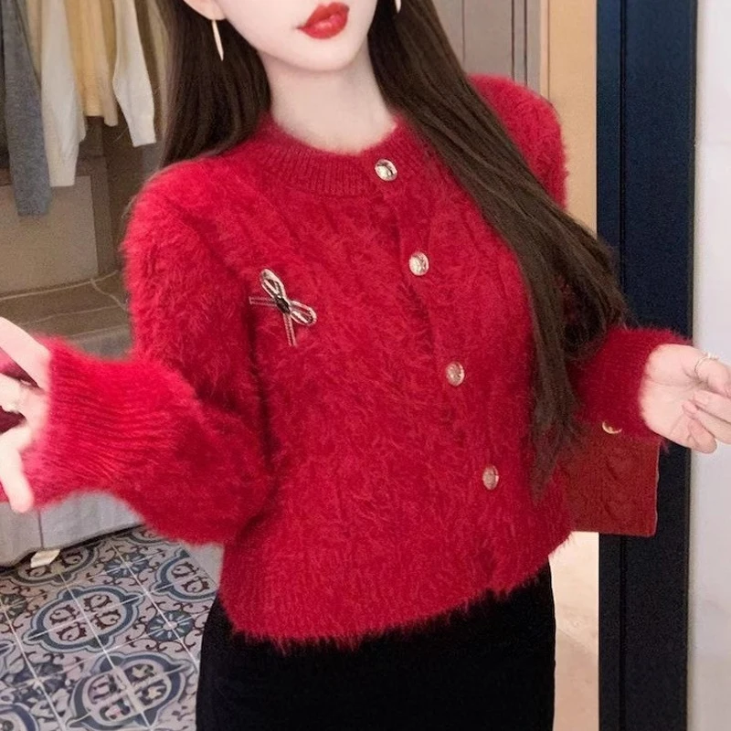 Autumn Winter Korean Bow Fluffy Round Neck Long Sleeve Knitted Cardigan For Women Newyear Christmas Red Sweater