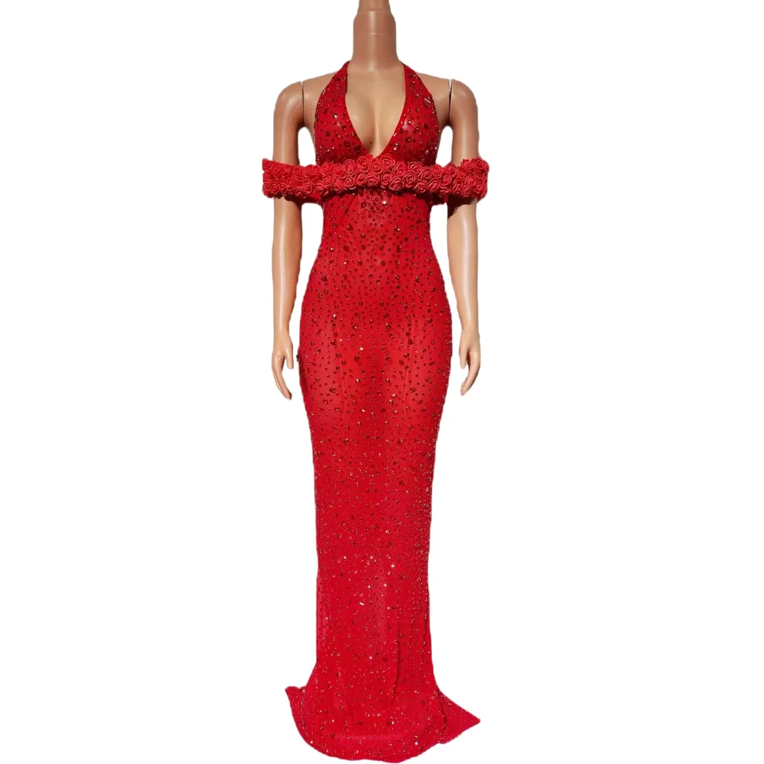 Paomohua Luxus Frauen Kleid Sexy Hals Hängen Rot 3D Blume Eine Schulter Schleppendes Kleid Hochzeit Bankett Geburtstag Neujahr Kleid