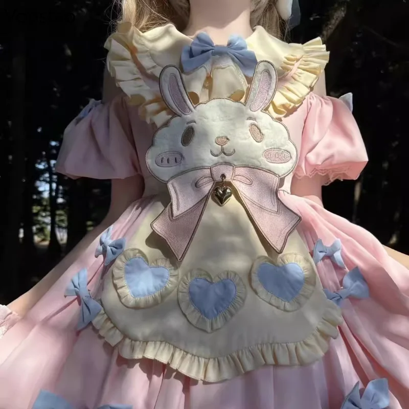 Robe Lolita OP japonaise Kawaii pour femmes, robes de soirée princesse avec nœud lapin de dessin animé mignon, mini robe à manches courtes Harajuku pour filles