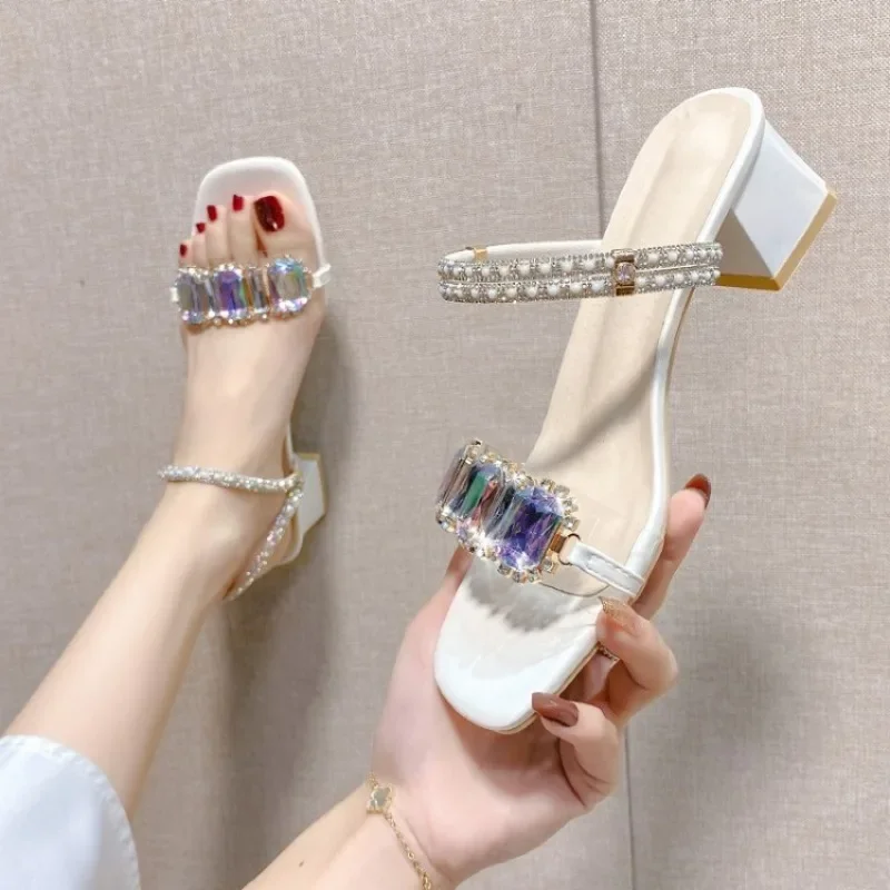 Fashion Rhinestone Sandals for Women Summer 2024 Square Heels Open Toe Slippers Woman Transparent PVC Jelly Sandal Mujer