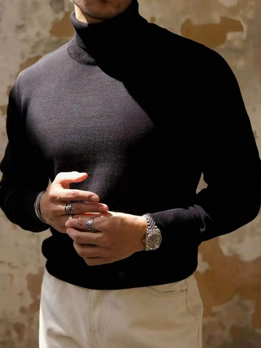 

Men's Solid Color Turtleneck Sweater, Long Sleeve, Casual Winter Knit Top