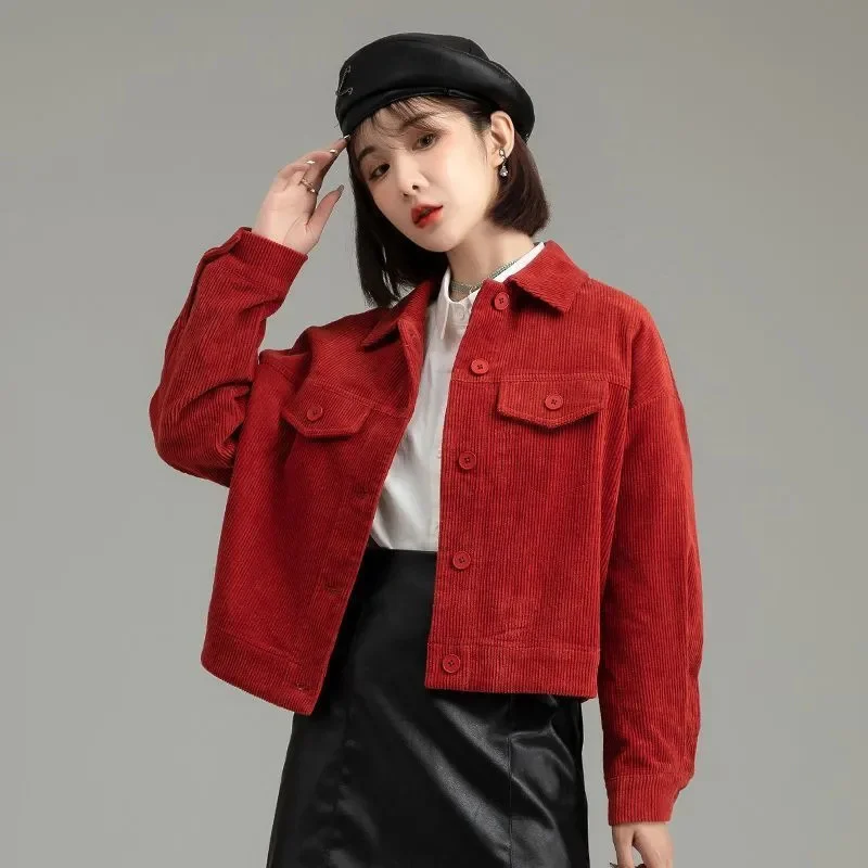 

Corduroy Short Jacket Women's clothing 2024 Autumn Winter New Slim Long sleeved Coat Single breasted Female Casual Outwear Top