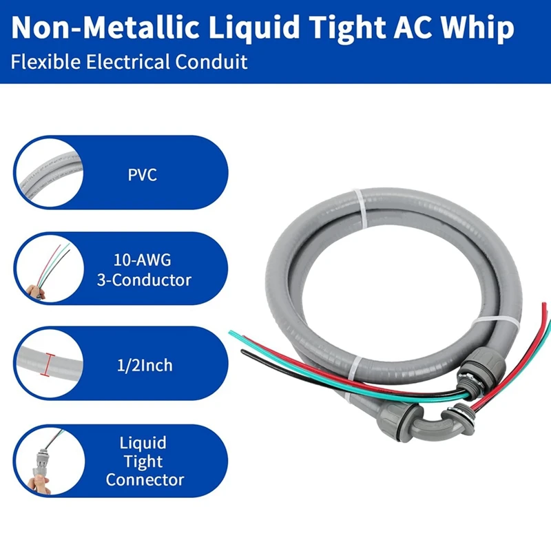 ABKJ-1/2 Inch 4Ft Electrical Conduit 10-Gauge Wire With Ground Nonmetallic Liquid Tight Whip Assembly AC Disconnect Box Whip