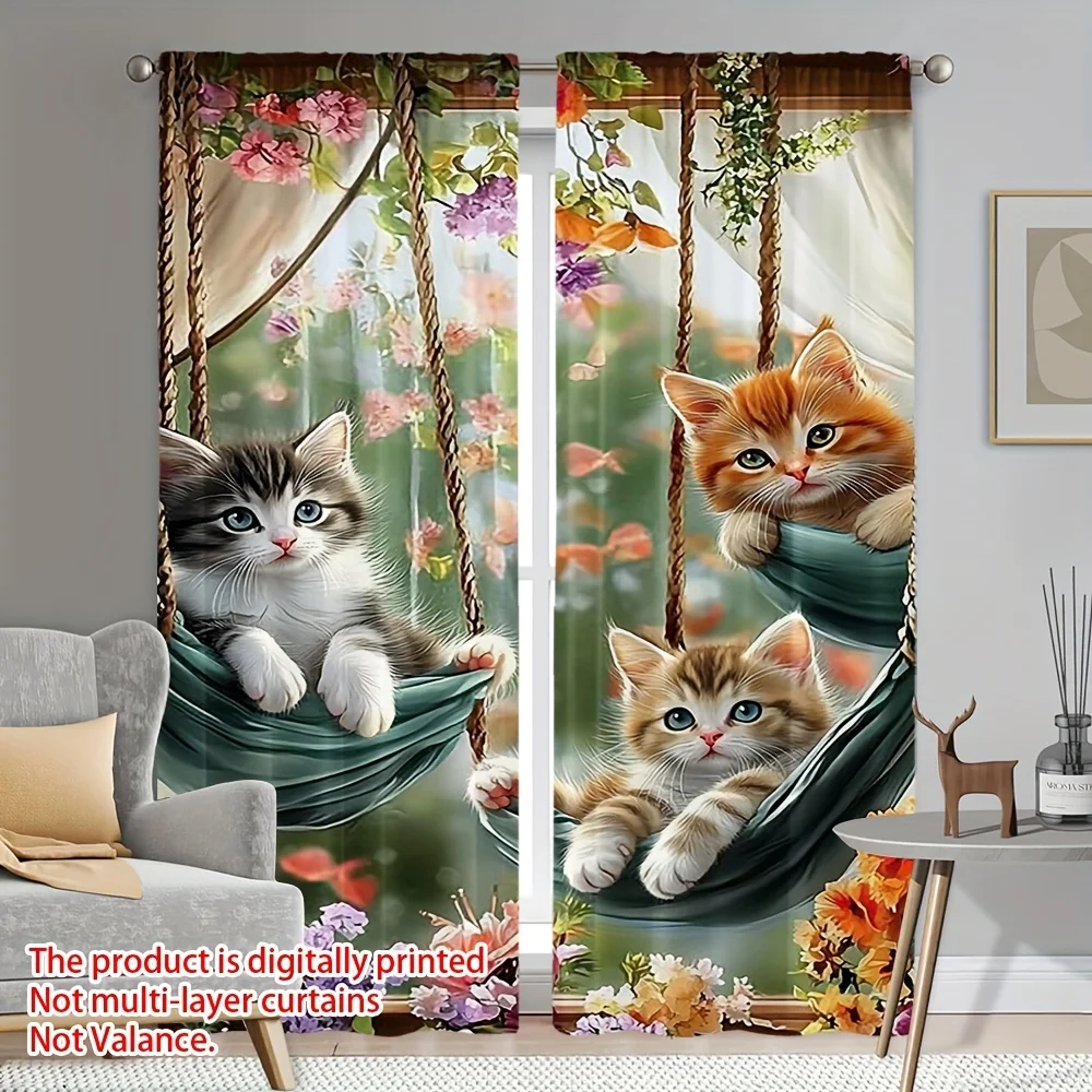 Charming Cat Swing Curtains Polyester Floral Window Drapes Panels Pet Themed Nursery Room Home Decor Linens