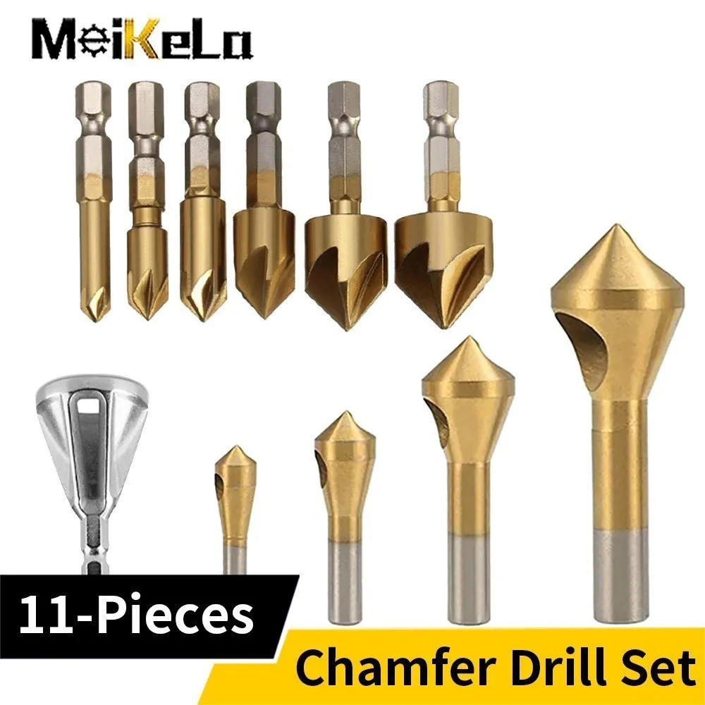 Meikela Hexagonal Handle Five Edge Chamfer 11PCS High Speed Steel Drill Bit 90 Degree Oblique Hole Positioning Chamfer Tool Set