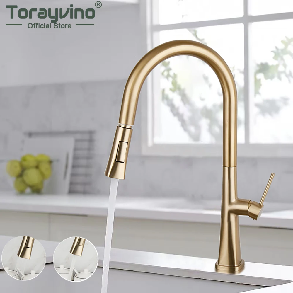 

Torayvino Brushed Gold Kitchen Faucet Pull Out Cozinha Sink Water Tap 360 Rotation Mixer Hot and Cold Basin Deck Mounted Faucets