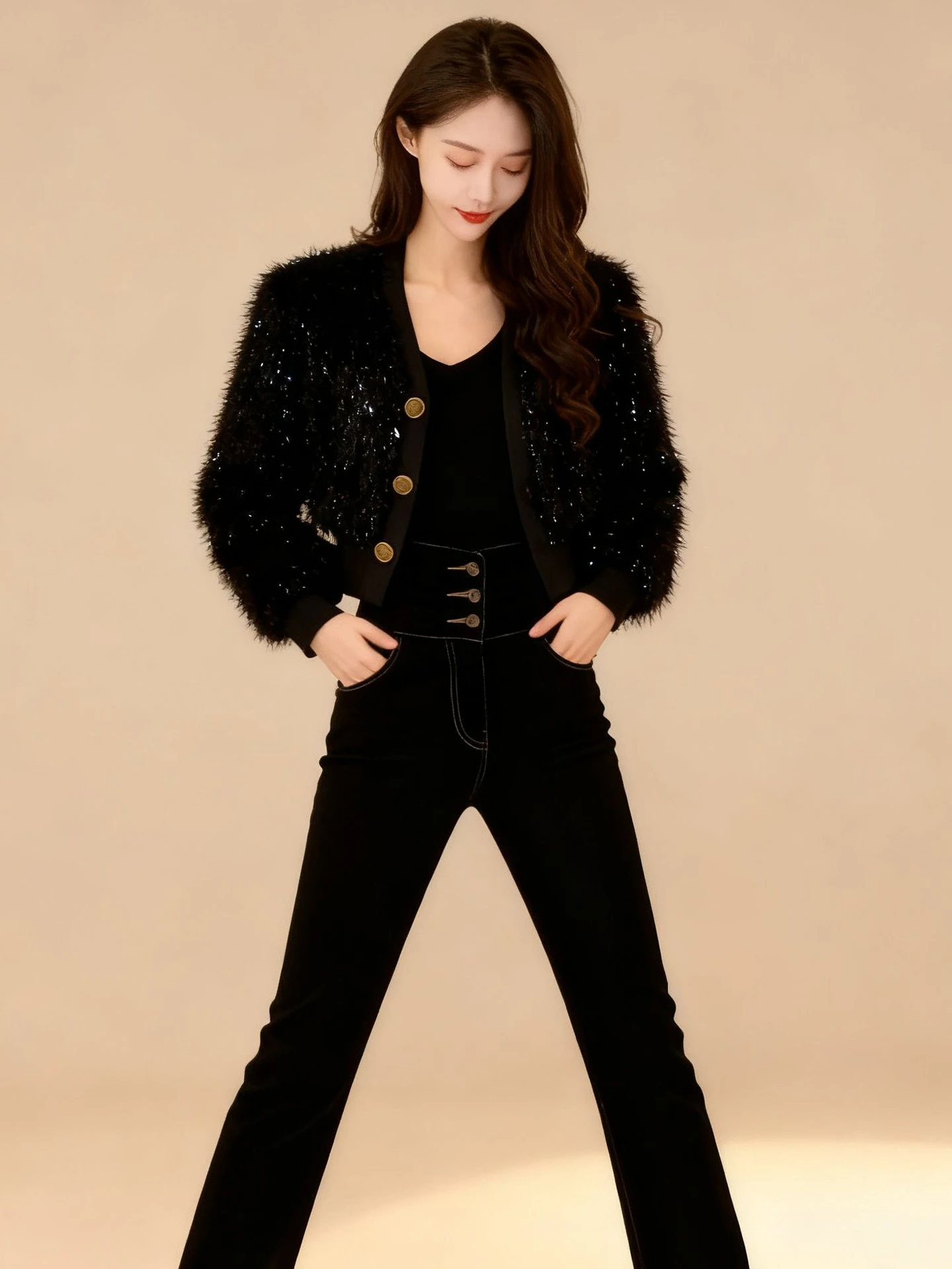 

Spring 2026 Women's Faionable Korean Sle ort Coat Bright Sequin Fur Outerwear Slimming Versatile Warmth Lined round Nec...