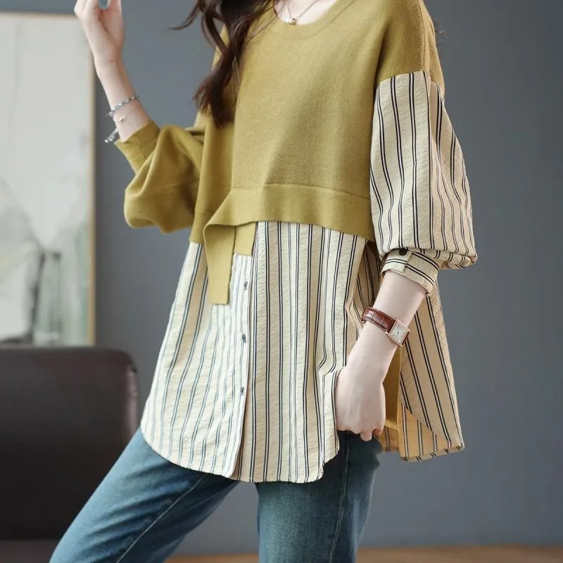 Spring and Autumn Women\'s Pullover Round Neck Button Loose Fit Spliced Striped Long Sleeve Shirt Fashion Commuter Casual Tops