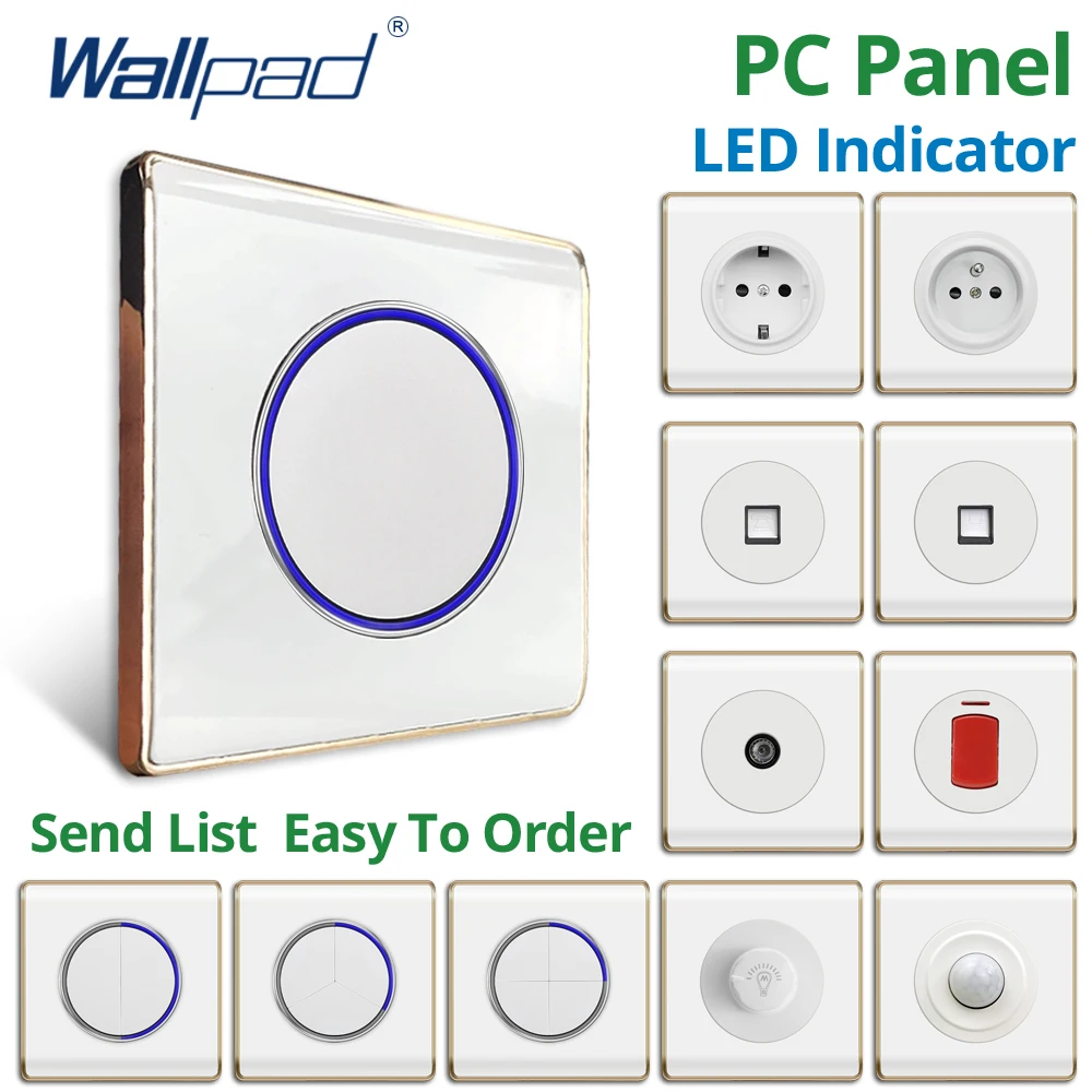 Wallpad-Panel de PC blanco con borde dorado Rosado, indicador LED circular grande, interruptor de luz de pared y juego de enchufes, botón redondo