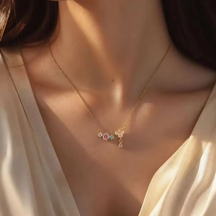 Dainty Colorful Cubic Zirconia Cluster Necklace Gold Stainless Steel Teardrop CZ Charm Choker Elegant Daily Women Jewelry