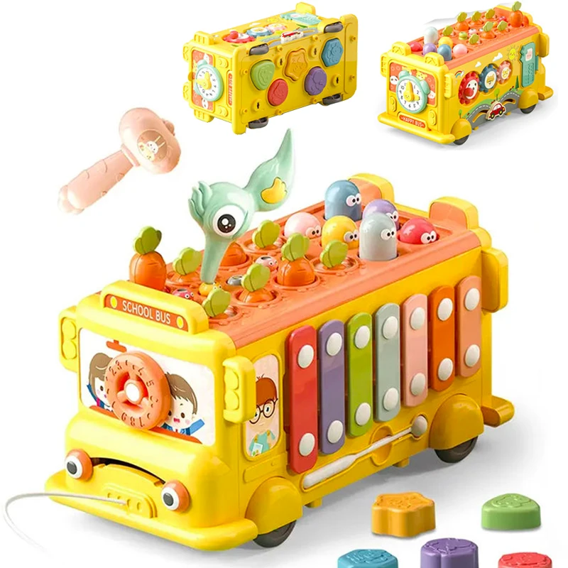 

Multi-functional Cartoon Bus Baby Early Educational Kids Car Gifts Montessori Toys Music Storage Box Maze Puzzle Hammer Games